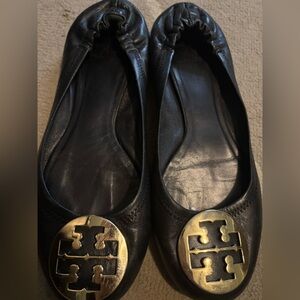 Tory Burch Black Leather Ballet Flats with Gold Logo